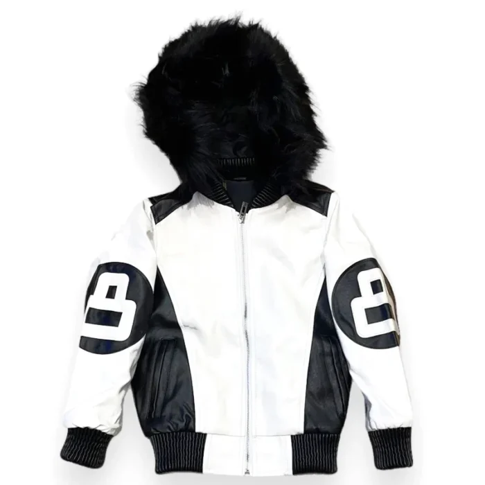 Eight Ball Kid's Color-Blocked White Bomber Detachable Fur Hood Leather Jacket