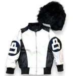 Eight Ball Kid's Color-Blocked White Bomber Detachable Fur Hood Real Leather Jacket