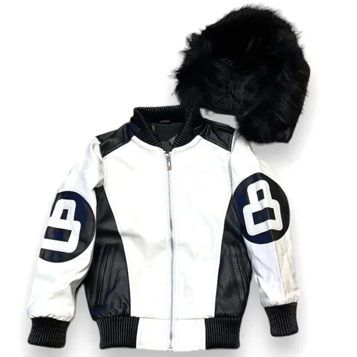 Eight Ball Kid's Color-Blocked White Bomber Detachable Fur Hood Real Leather Jacket