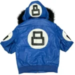 Eight Ball Men's Blue Bomber Fur Hooded Real Leather Jacket