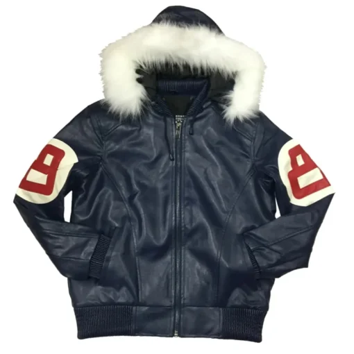 Eight Ball Men's Navy Blue Bomber Fur Hooded Real Leather Jacket