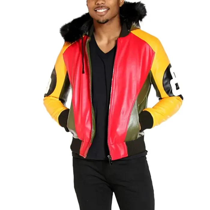 Eight Ball Men’s Robert Phillipe Multi Color Fur Hooded Top Grain Leather Jacket