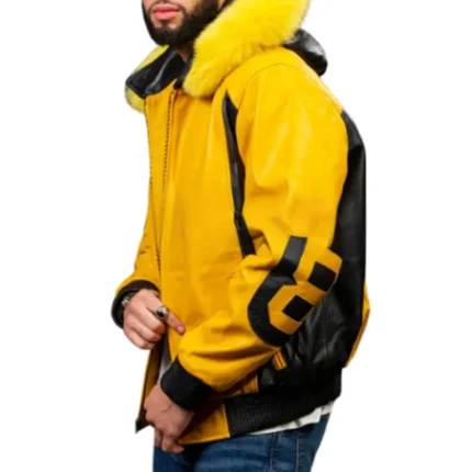 Eight Ball Men's Yellow Fox Fur Hood Real Leather Jacket