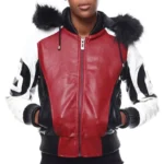 Eight Ball Robert Phillipe Women's Red Bomber Fur Hooded Real Leather Jacket