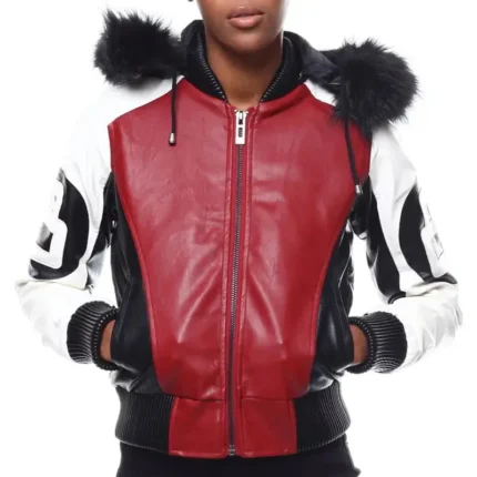 Eight Ball Robert Phillipe Women's Red Bomber Fur Hooded Real Leather Jacket