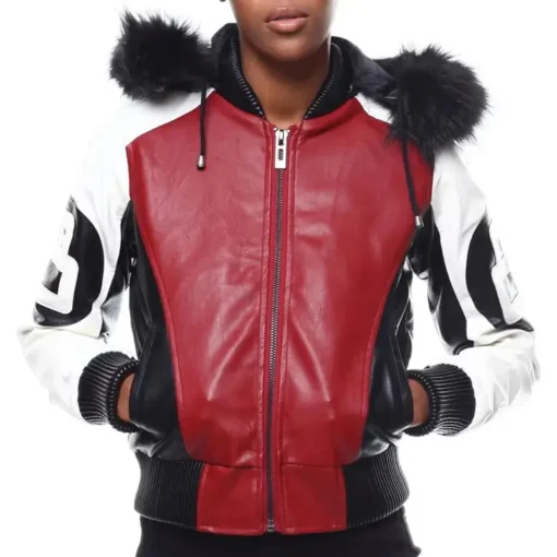 Eight Ball Robert Phillipe Women's Red Bomber Fur Hooded Real Leather Jacket