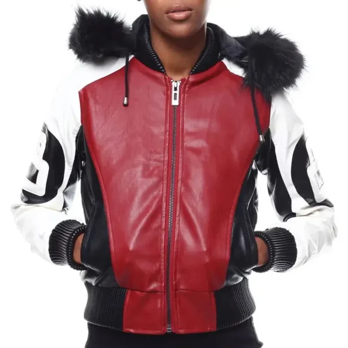 Eight Ball Robert Phillipe Women's Red Bomber Fur Hooded Real Leather Jacket