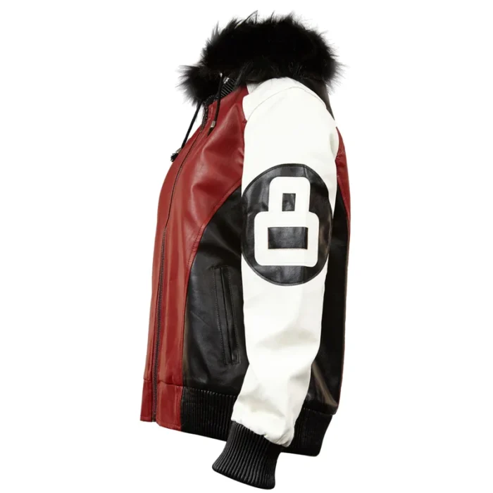 Eight Ball Robert Phillipe Women's Tri Color Bomber Leather Jacket with Fur Hood
