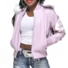 Eight Ball Women's Baby Pink Bomber Fur Hooded Real Leather Jacket