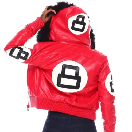 Eight Ball Women's Red Bomber Fur Hooded Real Leather Jacket