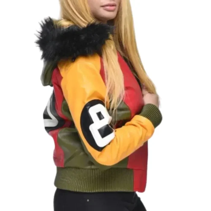Eight Ball Women’s Red & Yellow Fur Hood Top Grain Leather Jacket