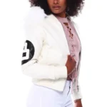 Eight Ball Women's White Bomber Fur Hooded Genuine Leather Jacket