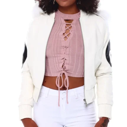 Eight Ball Women's White Bomber Fur Hooded Real Leather Jacket