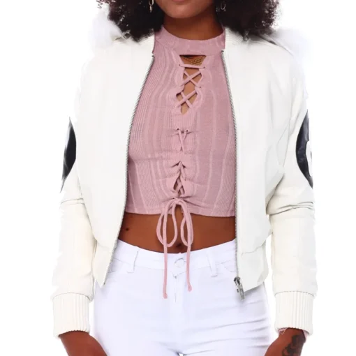 Eight Ball Women's White Bomber Fur Hooded Real Leather Jacket