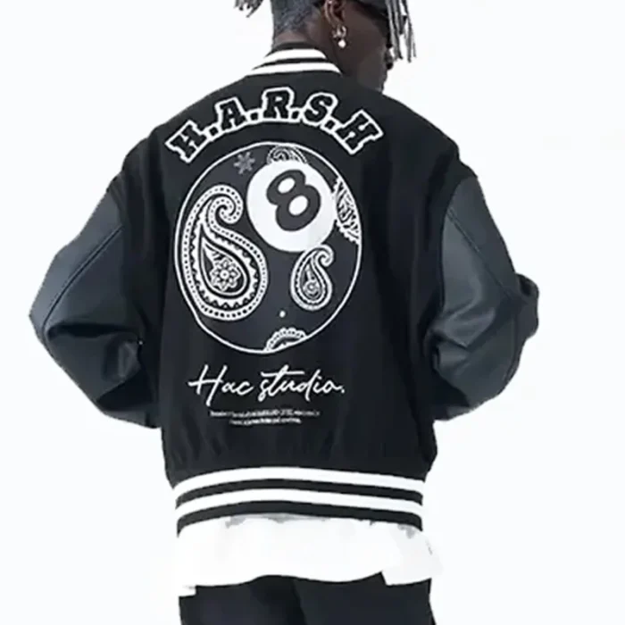 Harsh Paisley Men's Black Eight Ball Varsity Real Leather Jacket
