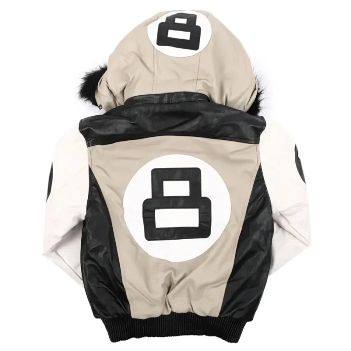 Kid's 8 Ball Beige & Black Bomber Leather Jacket with Fur Hood