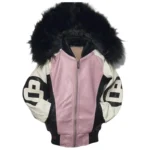 Kid's 8 Ball Blush Pink & Black Bomber Leather Jacket with Fur Hood