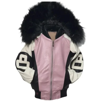 Kid's 8 Ball Blush Pink & Black Bomber Leather Jacket with Fur Hood