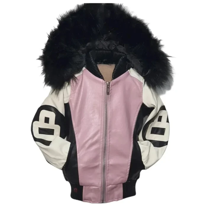Kid's 8 Ball Blush Pink & Black Bomber Leather Jacket with Fur Hood