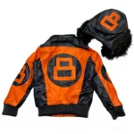 Kid's 8 Ball Color-Blocked Orange and Black Bomber Detachable Fur-lined Hood Leather Jacket