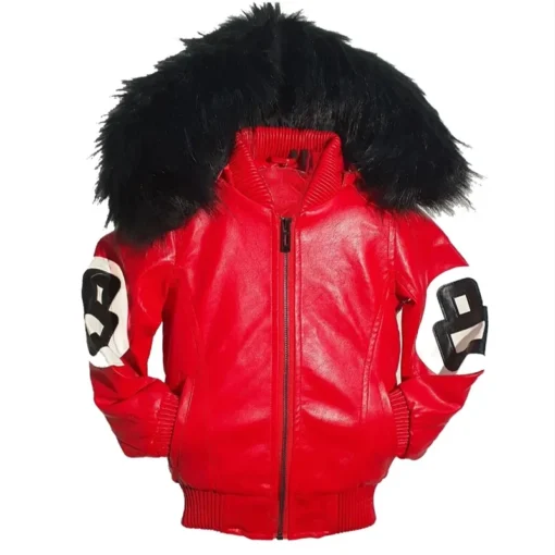 Kid's 8 Ball Red Bomber Leather Jacket with Fur Hood