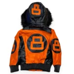 Kids Eight Ball Orange Bomber Fur Hooded Leather Jacket