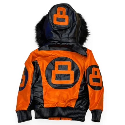 Kids Eight Ball Orange Bomber Fur Hooded Leather Jacket