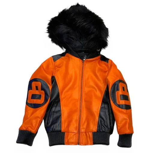 Kids Eight Ball Orange Bomber Fur Hooded Real Leather Jacket