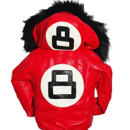 Kids Eight Ball Red Bomber Fur Hooded Real Leather Jacket