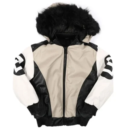 Kids Eight Ball Sand Bomber Fur Hooded Real Leather Jacket