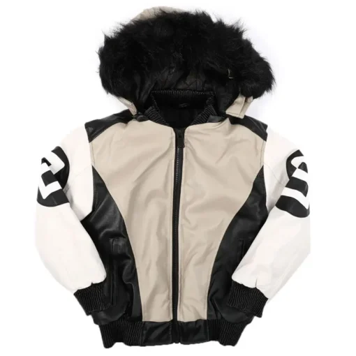 Kids Eight Ball Sand Bomber Fur Hooded Real Leather Jacket