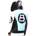 Light Blue Men's Eight Ball Color Block Hooded Bomber Real Leather Jacket