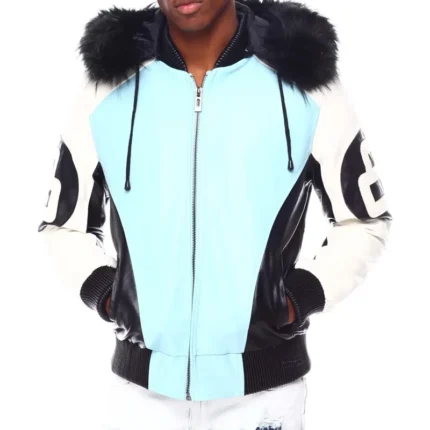 Light Blue & White Men's 8 Ball Color Block Hooded Bomber Leather Jacket