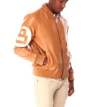 Light Brown Men's 8 Ball Color Block Hooded Bomber Leather Jacket