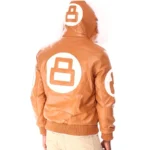 Light Brown Men's Eight Ball Hooded Bomber Full Grain Leather Jacket
