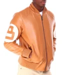 Light Brown Men's Eight Ball Hooded Bomber Leather Jacket