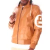 Light Brown Men's Eight Ball Hooded Bomber Real Leather Jacket