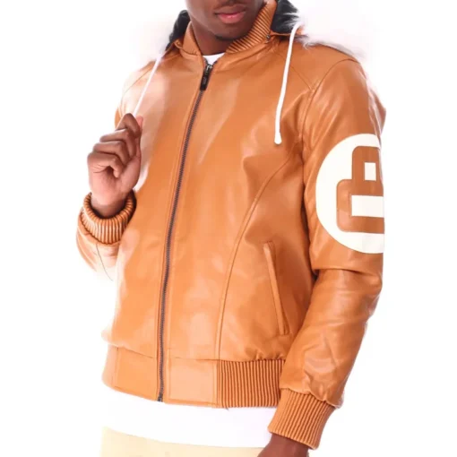 Light Brown Men's Eight Ball Hooded Bomber Real Leather Jacket