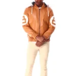 Light Brown Men's Eight Ball Hooded Bomber Top Grain Leather Jacket