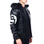 Men's 8 Ball Color Block Black & White Hooded Bomber Genuine Leather Jacket