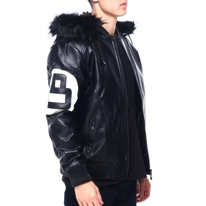 Men's 8 Ball Color Block Black & White Hooded Bomber Genuine Leather Jacket