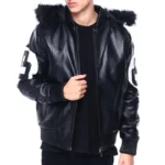 Men's 8 Ball Color Block Black & White Hooded Bomber Leather Jacket