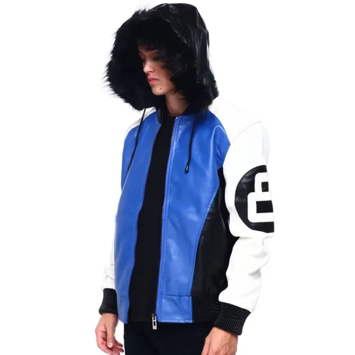 Men's 8 Ball Color Block Blue & White Faux Fur Hooded Bomber Leather Jacket