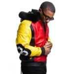 Men’s 8 Ball Color Block Multi Color Fox Fur Hood Real Leather Jacket
