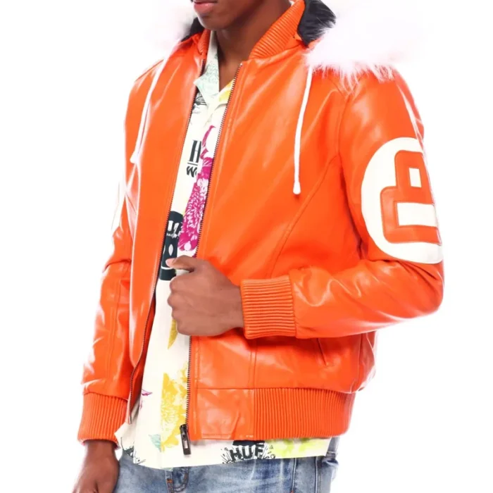 Men's 8 Ball Color Block Orange & White Hooded Bomber Leather Jacket