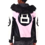 Men's 8 Ball Color Block Pink & White Faux Fur Hooded Bomber Leather Jacket