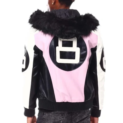 Men's 8 Ball Color Block Pink & White Faux Fur Hooded Bomber Leather Jacket