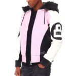 Men's 8 Ball Color Block Pink & White Faux Fur Hooded Bomber Top Grain Leather Jacket