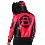 Men's 8 Ball Color Block Red & Black Hooded Bomber Full Grain Leather Jacket