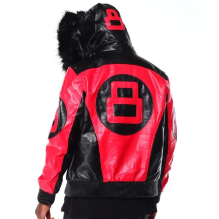 Men's 8 Ball Color Block Red & Black Hooded Bomber Full Grain Leather Jacket